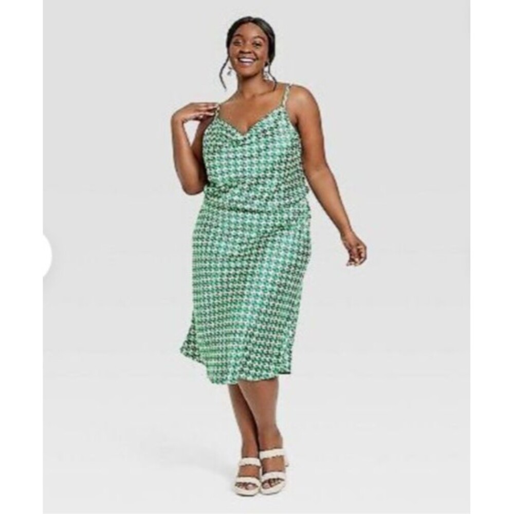 Ava & Viv Womens Green/White Geometric Satin Sleeveless Slip Dress - 2X NEW